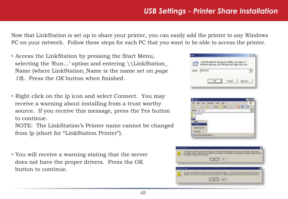 Usb settings - printer share installation | Buffalo Technology HS-DGL Series User Manual | Page 48 / 73