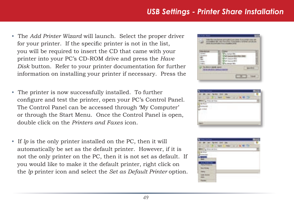 Usb settings - printer share installation | Buffalo Technology HS-DGL Series User Manual | Page 49 / 73