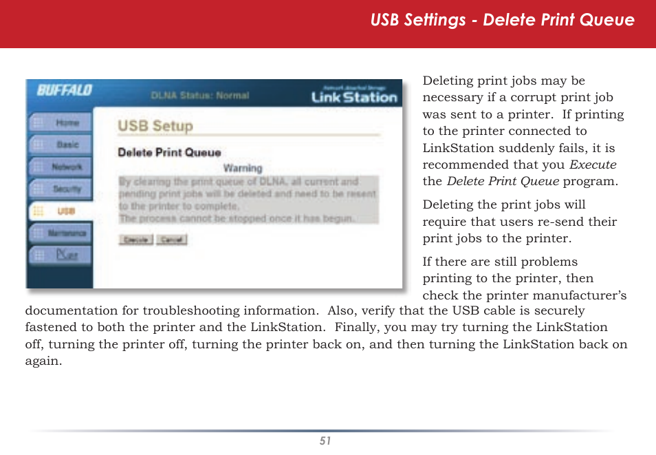 Usb settings - delete print queue | Buffalo Technology HS-DGL Series User Manual | Page 51 / 73