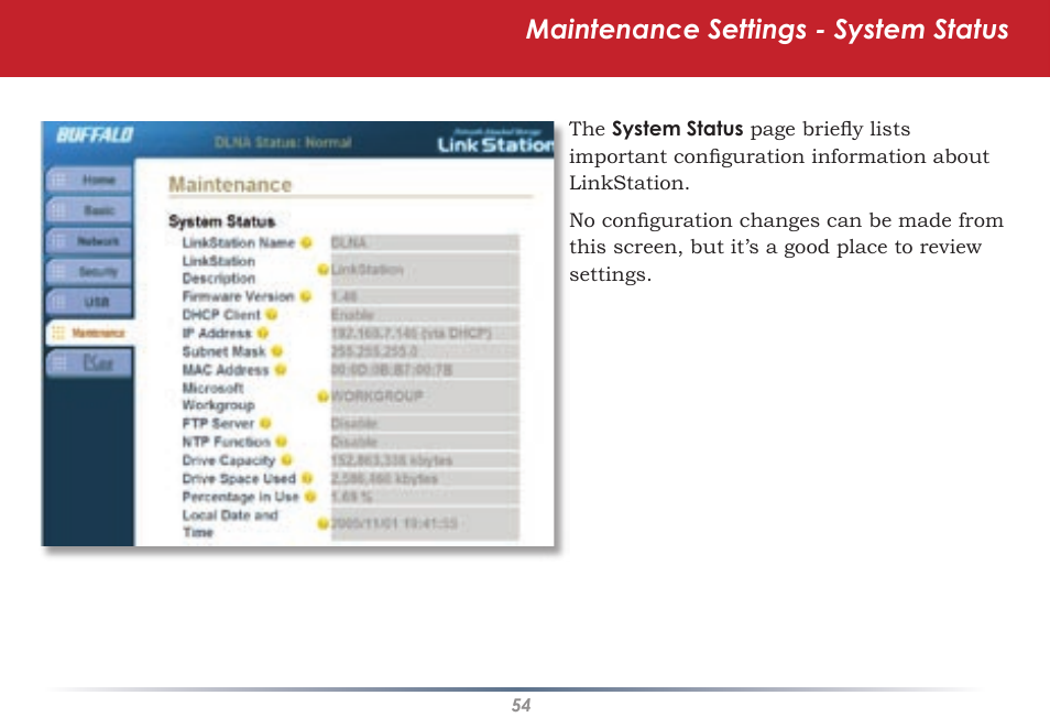 Maintenance settings - system status | Buffalo Technology HS-DGL Series User Manual | Page 54 / 73