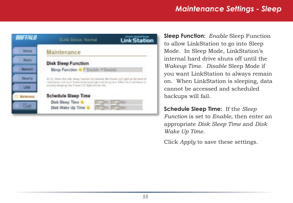 Maintenance settings - sleep | Buffalo Technology HS-DGL Series User Manual | Page 55 / 73