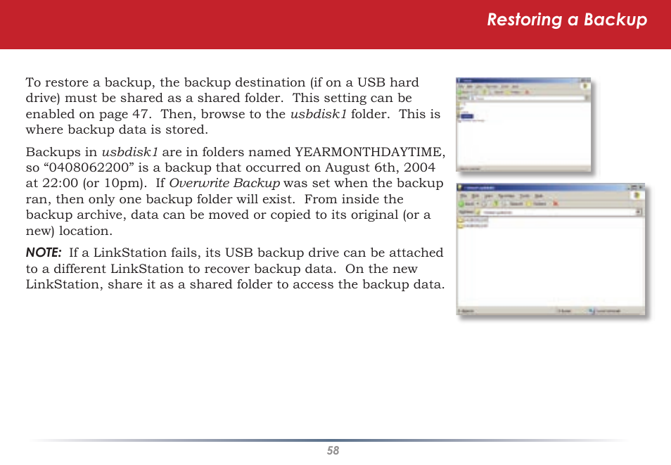 Restoring a backup | Buffalo Technology HS-DGL Series User Manual | Page 58 / 73