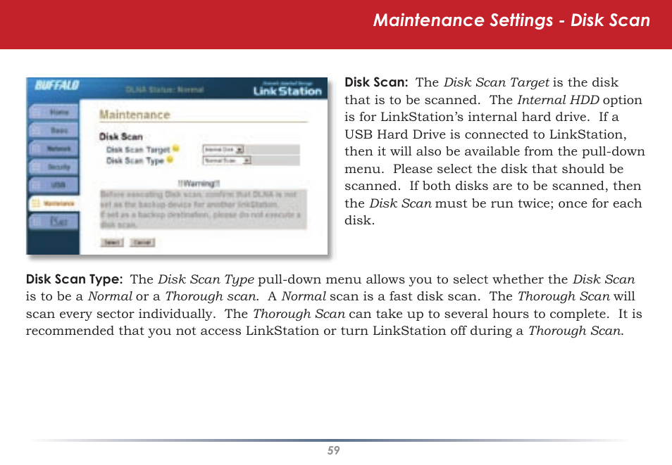 Maintenance settings - disk scan | Buffalo Technology HS-DGL Series User Manual | Page 59 / 73