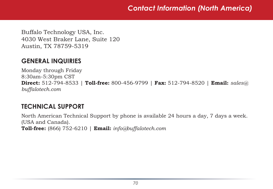 Contact information (north america) | Buffalo Technology HS-DGL Series User Manual | Page 70 / 73