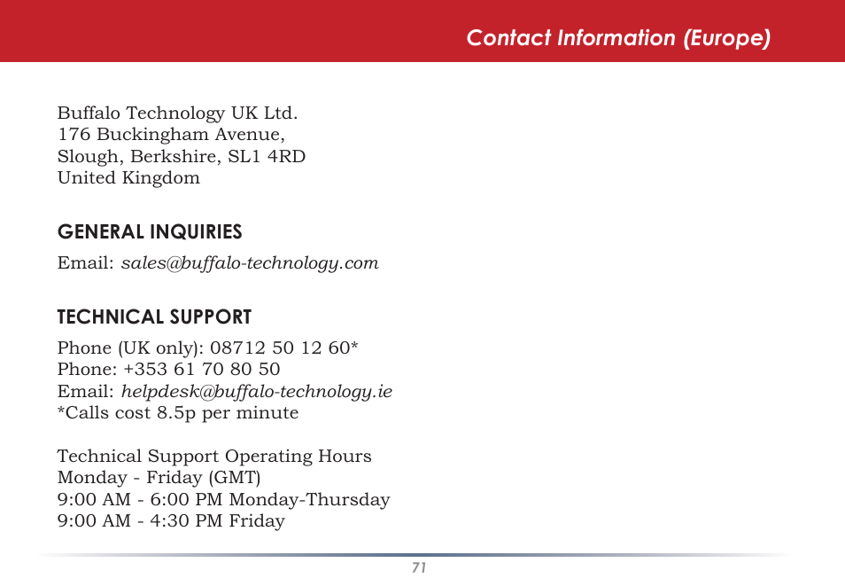 Contact information (europe) | Buffalo Technology HS-DGL Series User Manual | Page 71 / 73