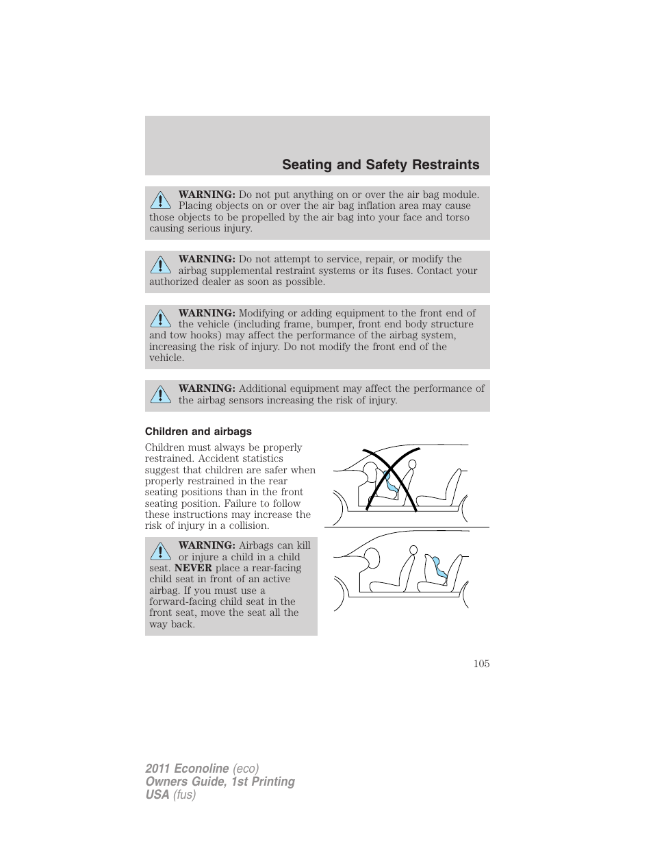 Children and airbags, Seating and safety restraints | FORD 2011 E-450 v.1 User Manual | Page 105 / 337