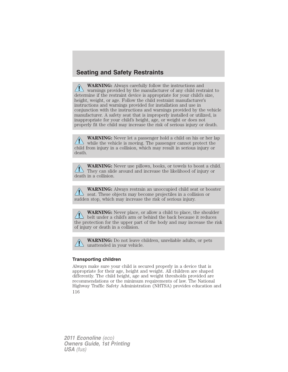 Transporting children, Seating and safety restraints | FORD 2011 E-450 v.1 User Manual | Page 116 / 337