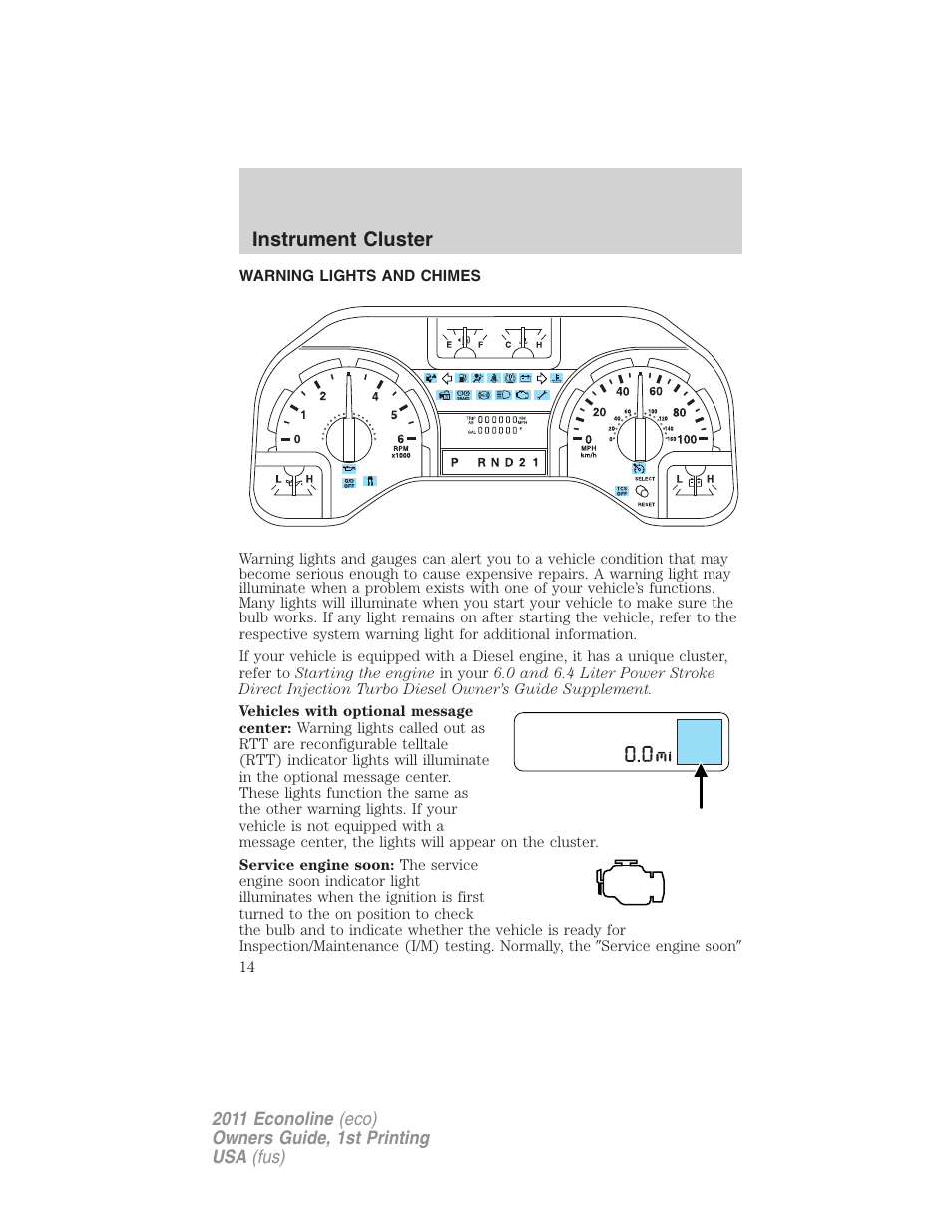 Instrument cluster, Warning lights and chimes | FORD 2011 E-450 v.1 User Manual | Page 14 / 337