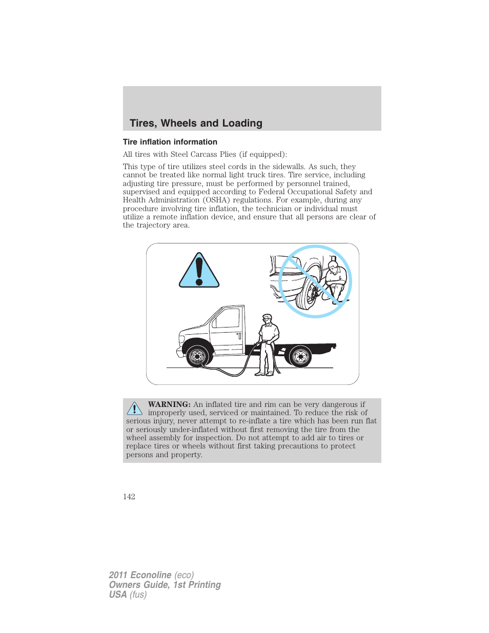 Tire inflation information, Tires, wheels and loading | FORD 2011 E-450 v.1 User Manual | Page 142 / 337