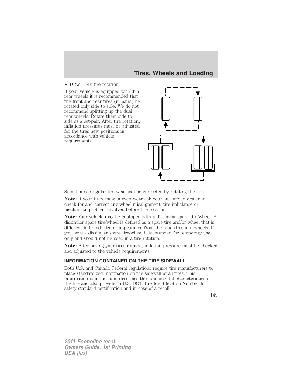 Information contained on the tire sidewall, Tires, wheels and loading | FORD 2011 E-450 v.1 User Manual | Page 149 / 337