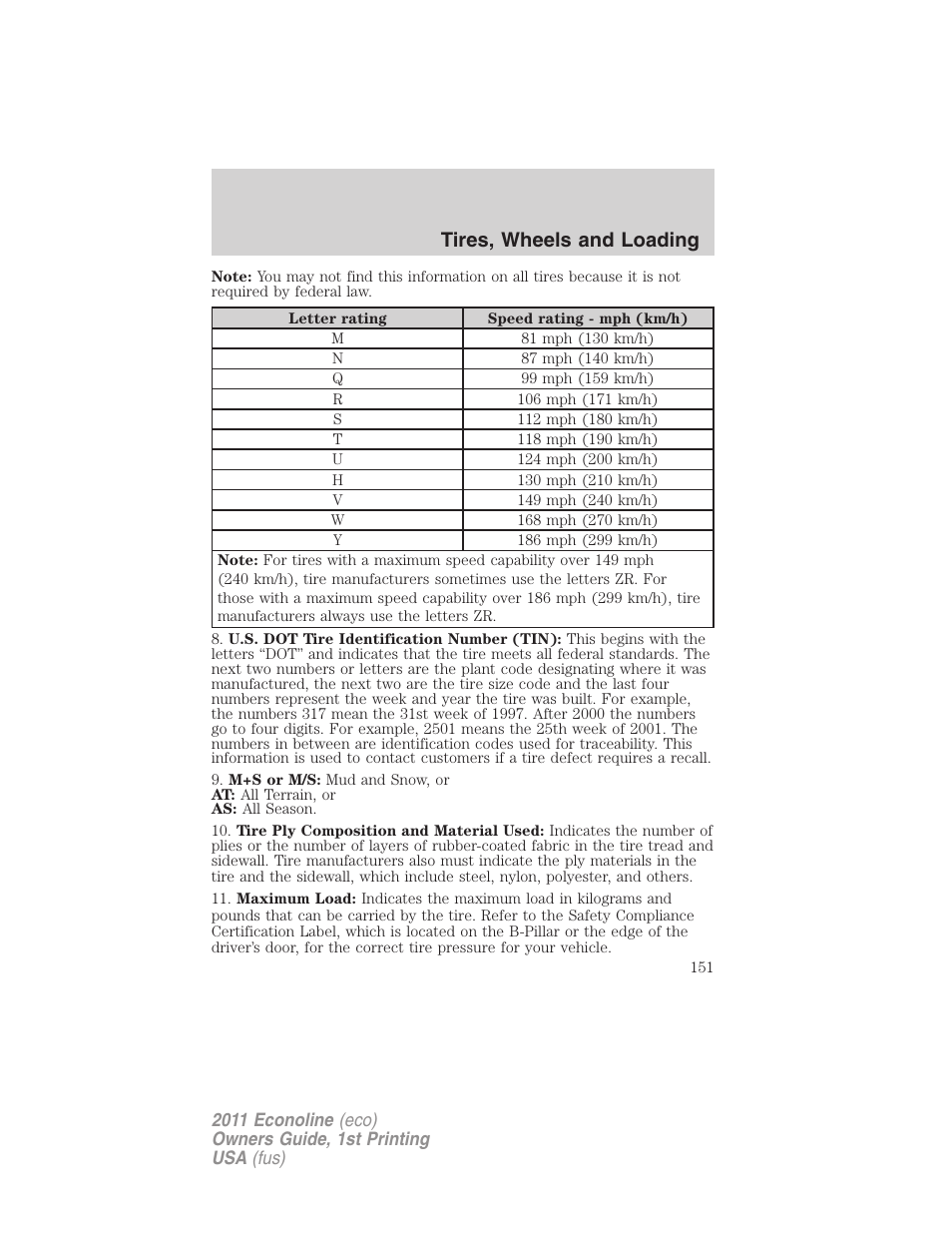 Tires, wheels and loading | FORD 2011 E-450 v.1 User Manual | Page 151 / 337