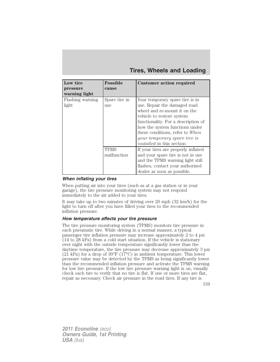 When inflating your tires, How temperature affects your tire pressure, Tires, wheels and loading | FORD 2011 E-450 v.1 User Manual | Page 159 / 337