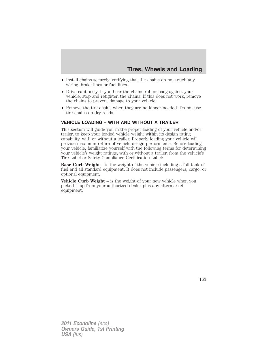 Vehicle loading – with and without a trailer, Vehicle loading, Tires, wheels and loading | FORD 2011 E-450 v.1 User Manual | Page 163 / 337