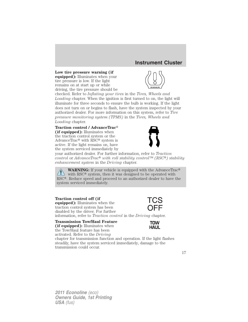 Instrument cluster | FORD 2011 E-450 v.1 User Manual | Page 17 / 337