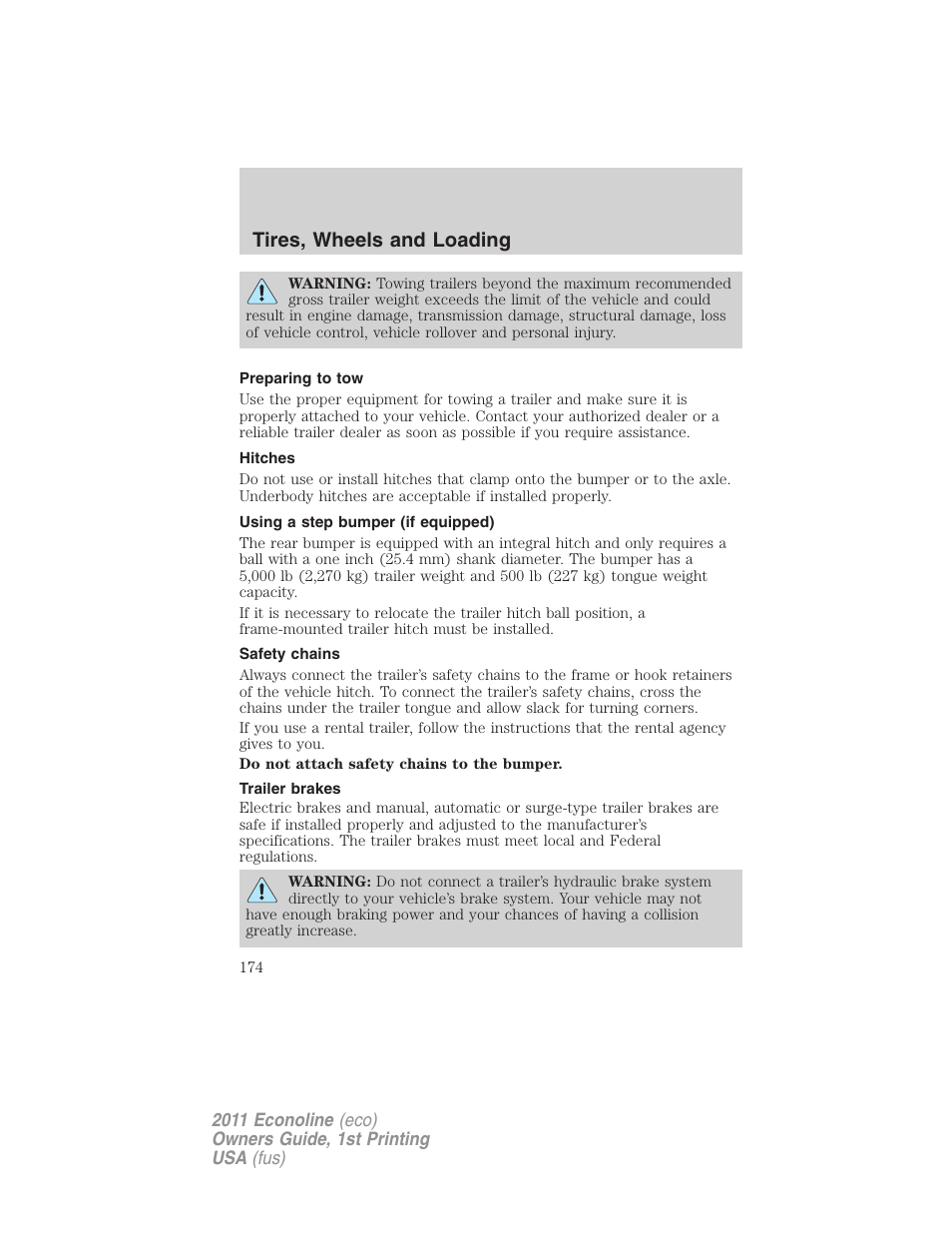 Preparing to tow, Hitches, Using a step bumper (if equipped) | Safety chains, Trailer brakes, Tires, wheels and loading | FORD 2011 E-450 v.1 User Manual | Page 174 / 337