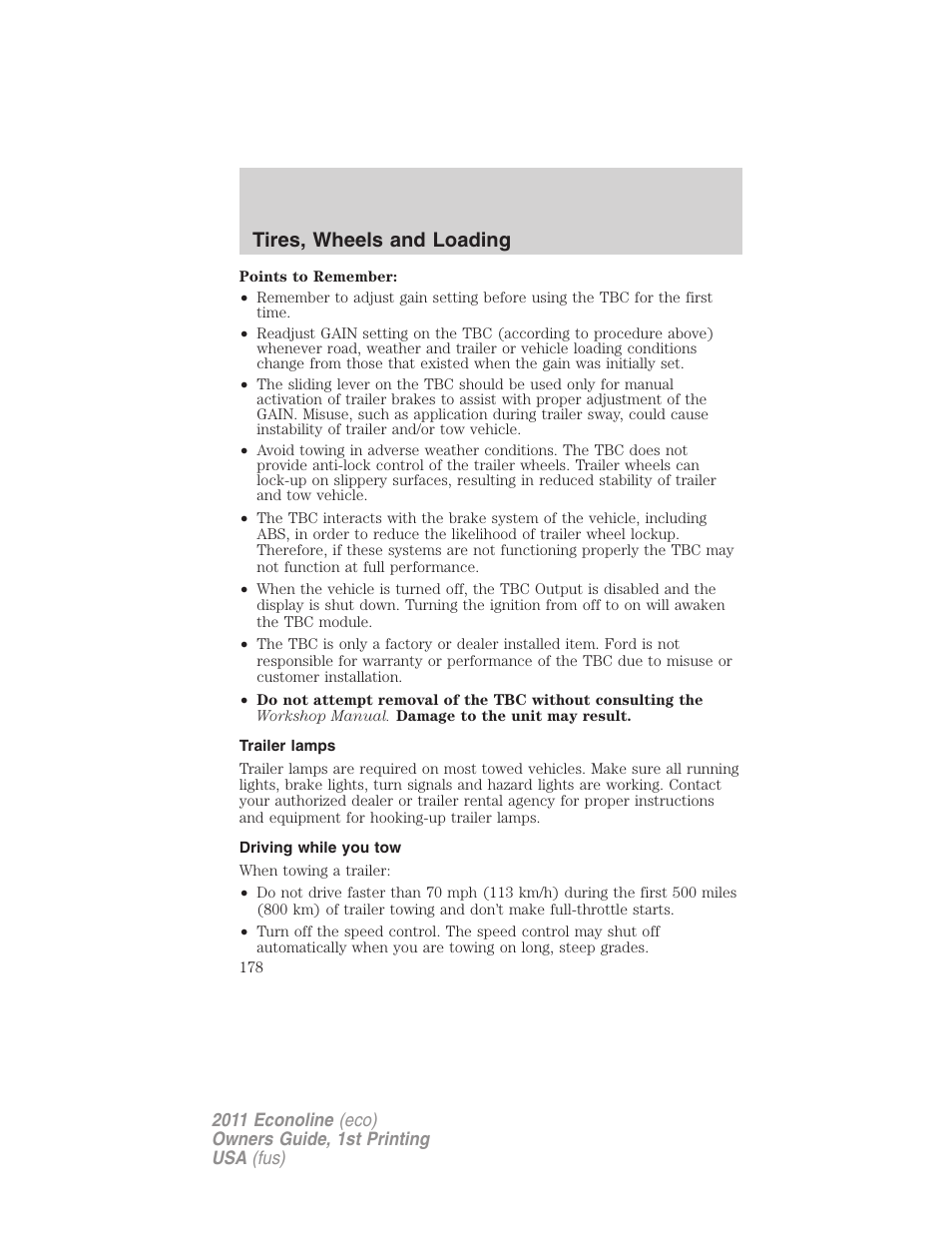 Trailer lamps, Driving while you tow, Tires, wheels and loading | FORD 2011 E-450 v.1 User Manual | Page 178 / 337