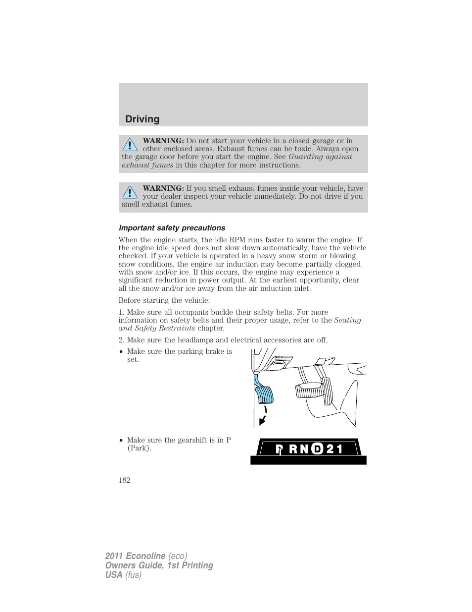 Important safety precautions, Driving | FORD 2011 E-450 v.1 User Manual | Page 182 / 337