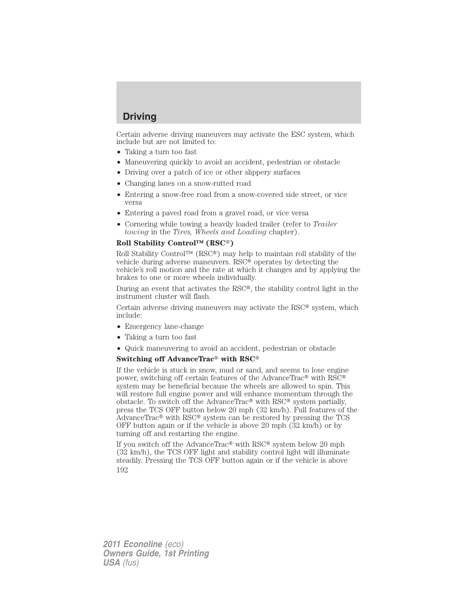 Driving | FORD 2011 E-450 v.1 User Manual | Page 192 / 337