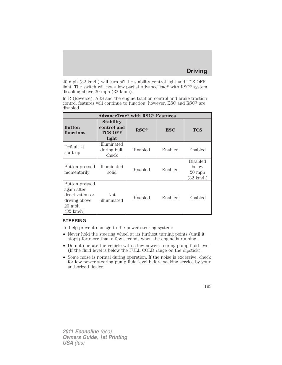 Steering, Driving | FORD 2011 E-450 v.1 User Manual | Page 193 / 337