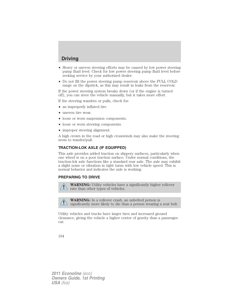 Traction-lok axle (if equipped), Preparing to drive, Driving | FORD 2011 E-450 v.1 User Manual | Page 194 / 337