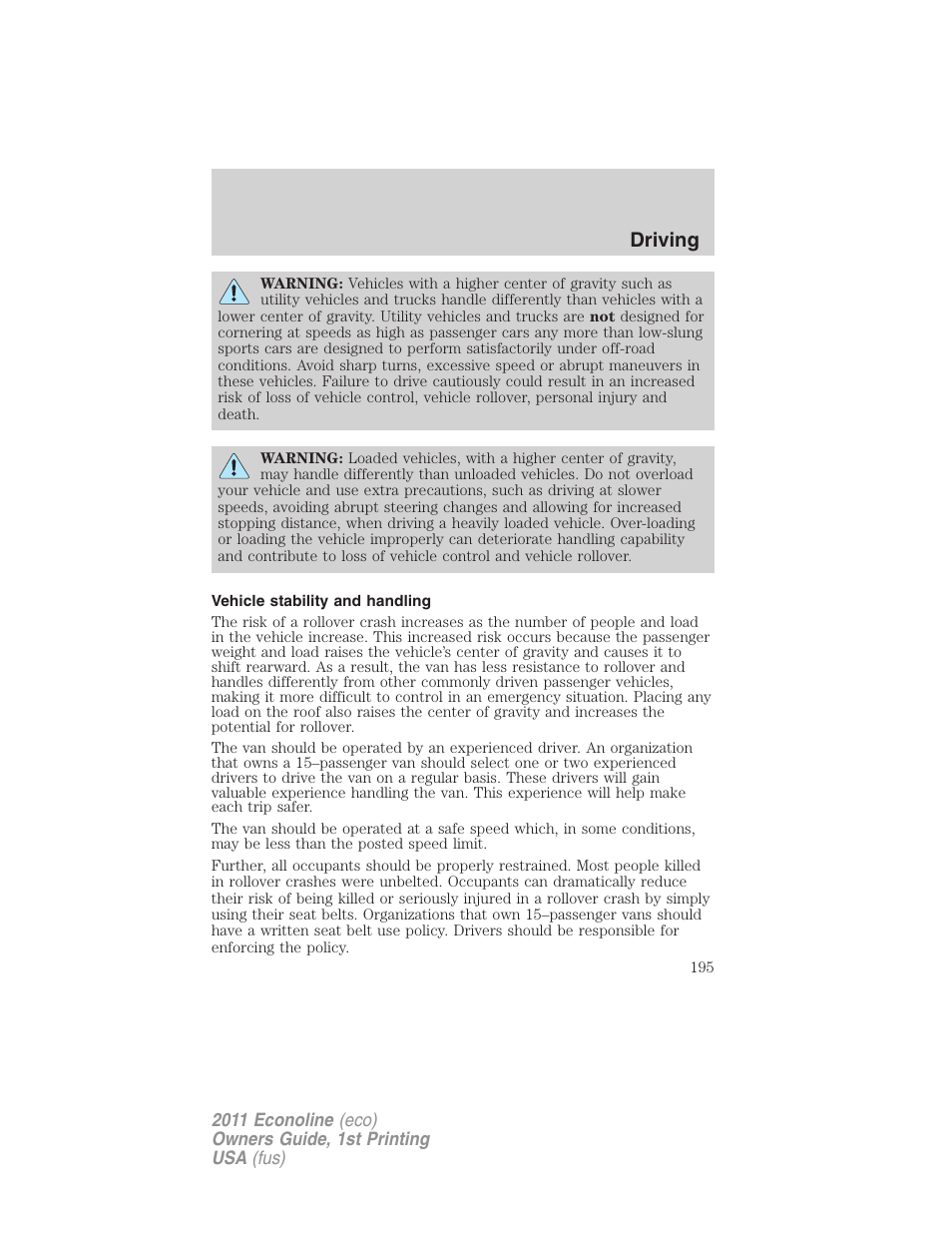 Vehicle stability and handling, Driving | FORD 2011 E-450 v.1 User Manual | Page 195 / 337