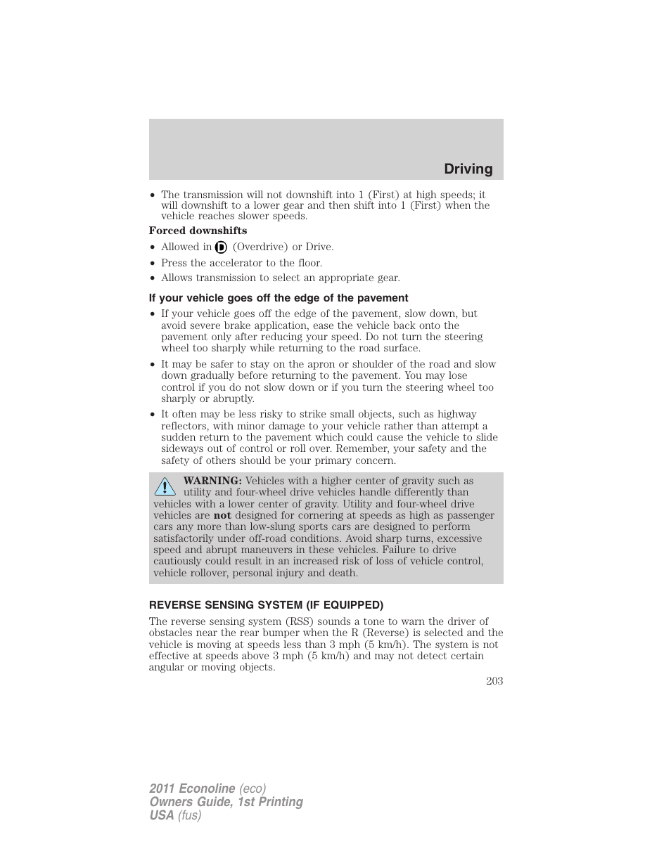 If your vehicle goes off the edge of the pavement, Reverse sensing system (if equipped), Reverse sensing system | Driving | FORD 2011 E-450 v.1 User Manual | Page 203 / 337