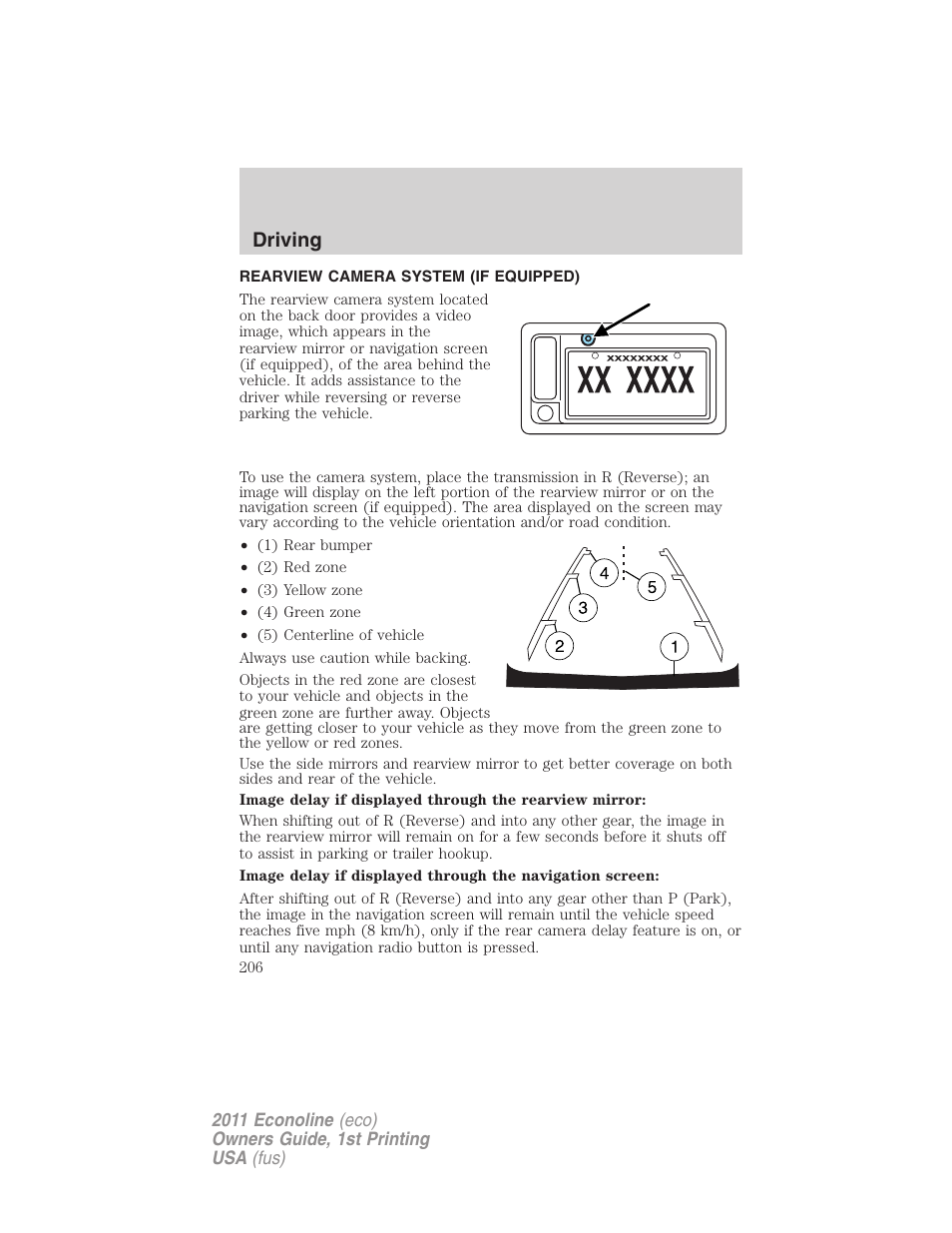 Rearview camera system (if equipped), Rear-view camera system, Driving | FORD 2011 E-450 v.1 User Manual | Page 206 / 337