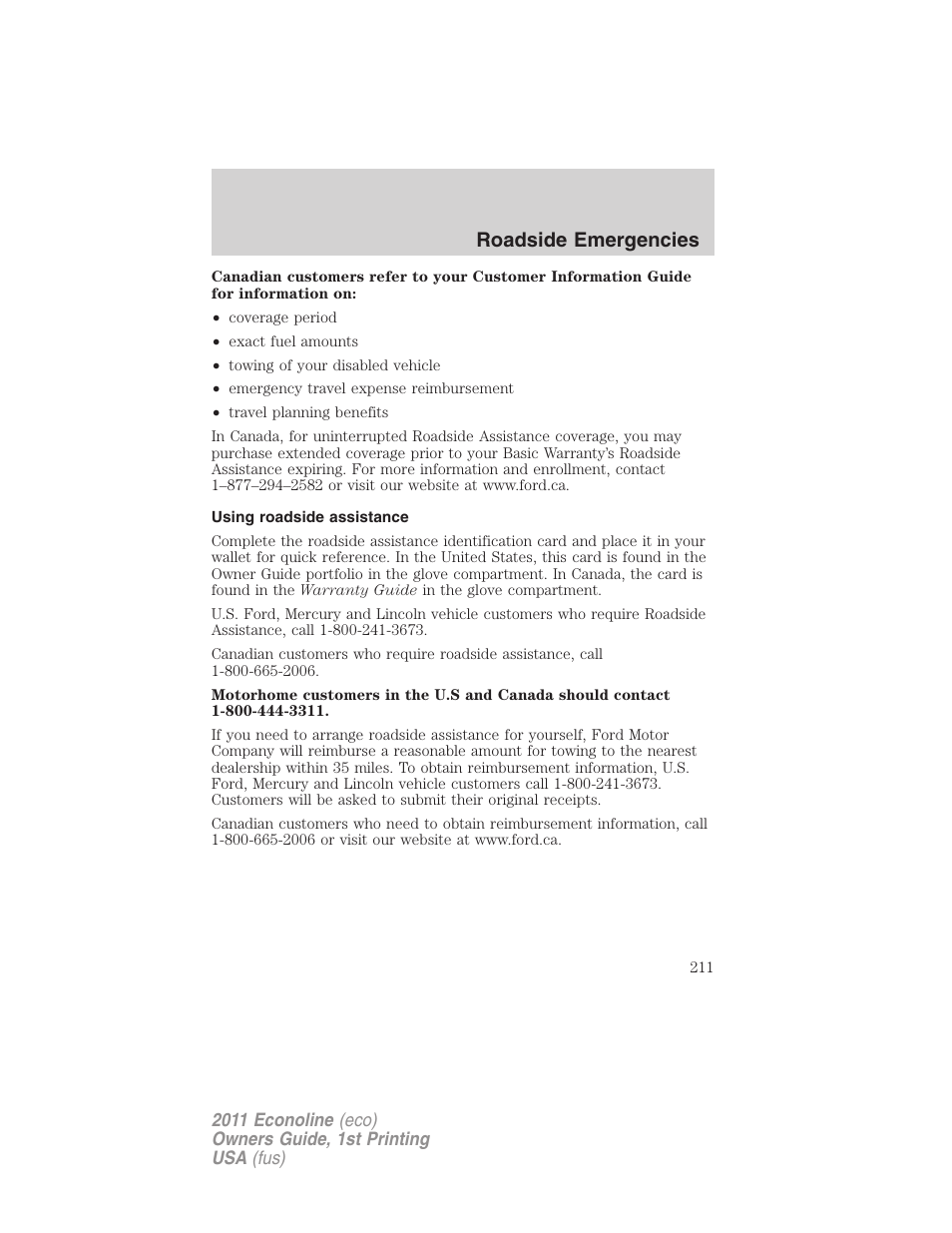 Using roadside assistance, Roadside emergencies | FORD 2011 E-450 v.1 User Manual | Page 211 / 337