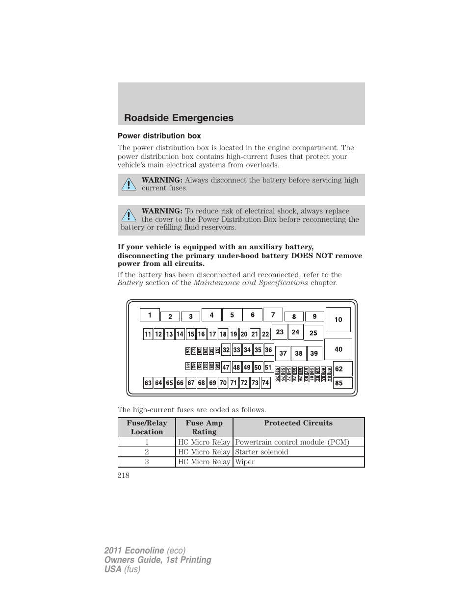 Power distribution box, Roadside emergencies | FORD 2011 E-450 v.1 User Manual | Page 218 / 337