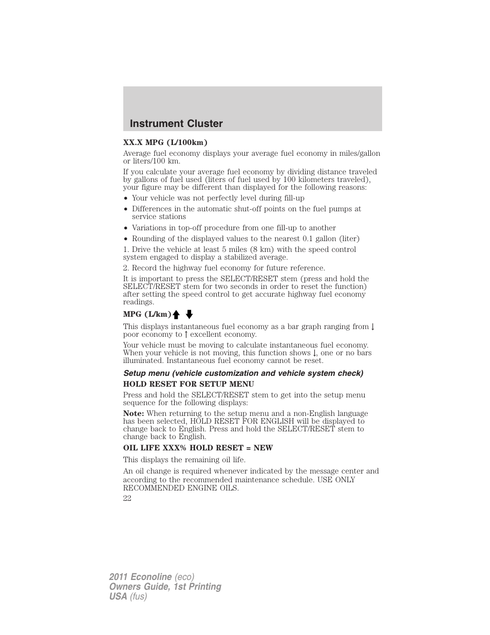 Instrument cluster | FORD 2011 E-450 v.1 User Manual | Page 22 / 337