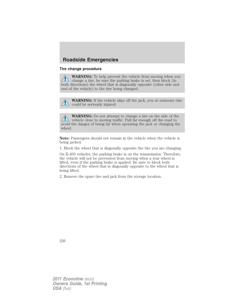 Tire change procedure, Roadside emergencies | FORD 2011 E-450 v.1 User Manual | Page 226 / 337