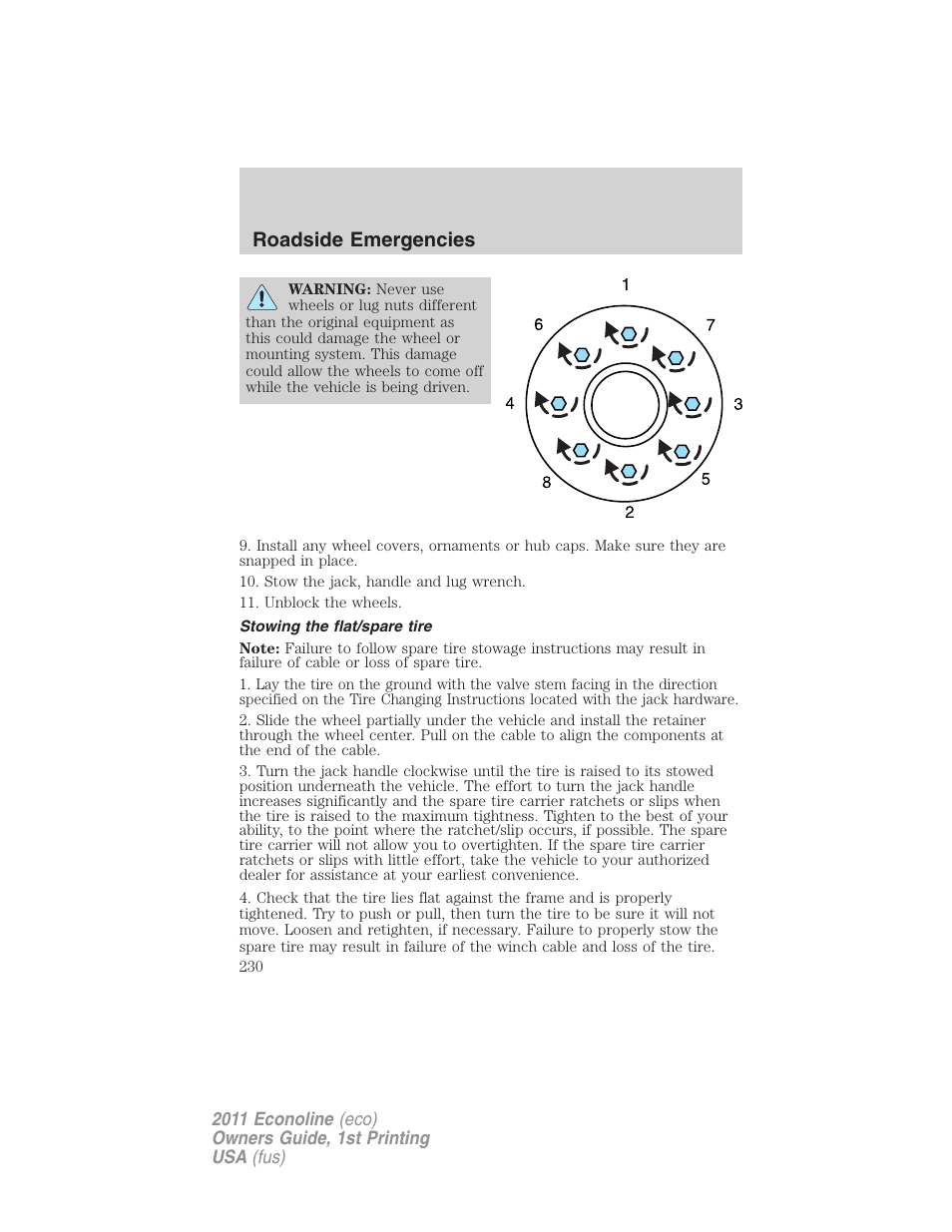 Stowing the flat/spare tire, Roadside emergencies | FORD 2011 E-450 v.1 User Manual | Page 230 / 337