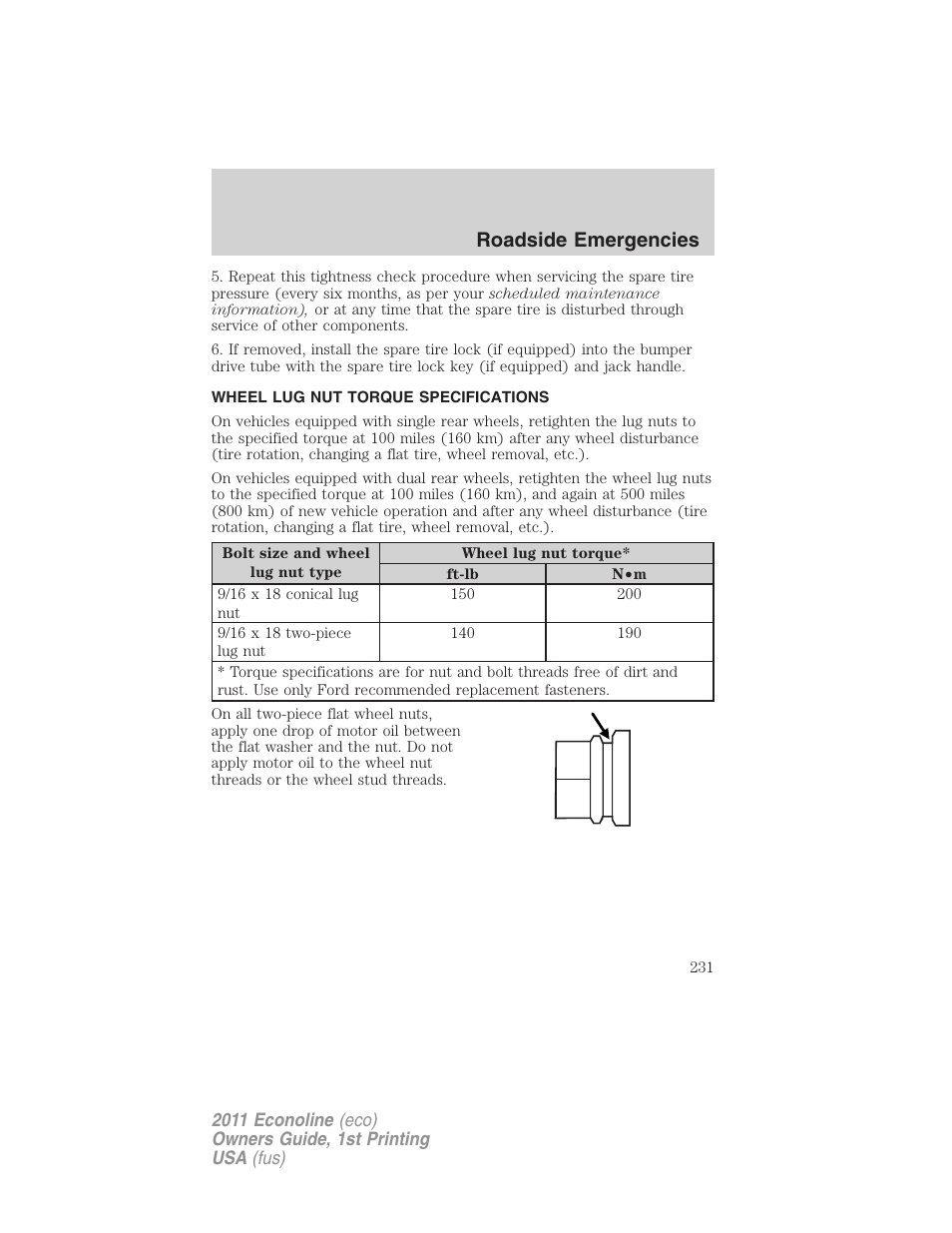 Wheel lug nut torque specifications, Wheel lug nut torque, Roadside emergencies | FORD 2011 E-450 v.1 User Manual | Page 231 / 337