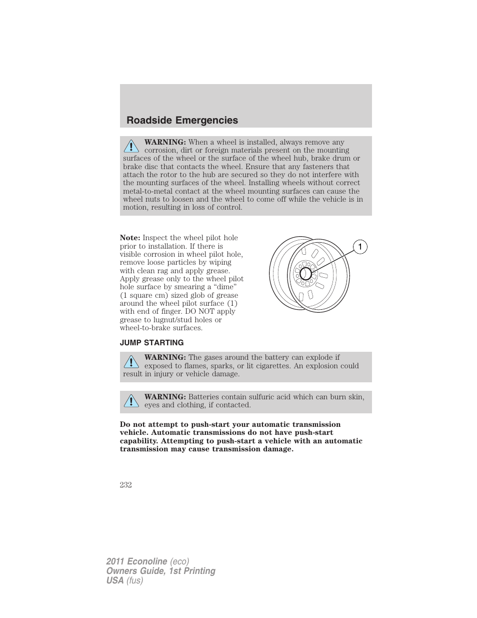 Jump starting, Roadside emergencies | FORD 2011 E-450 v.1 User Manual | Page 232 / 337