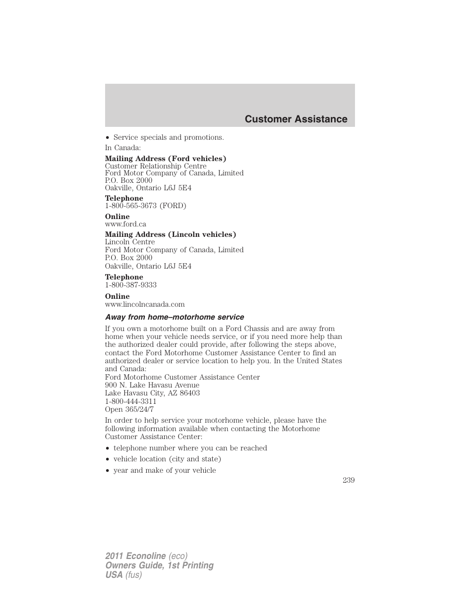 Away from home–motorhome service, Customer assistance | FORD 2011 E-450 v.1 User Manual | Page 239 / 337