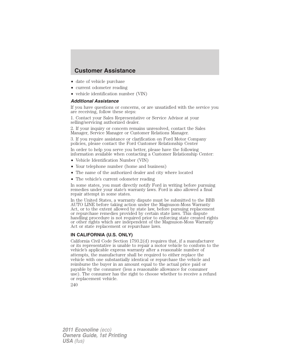 Additional assistance, In california (u.s. only), Customer assistance | FORD 2011 E-450 v.1 User Manual | Page 240 / 337