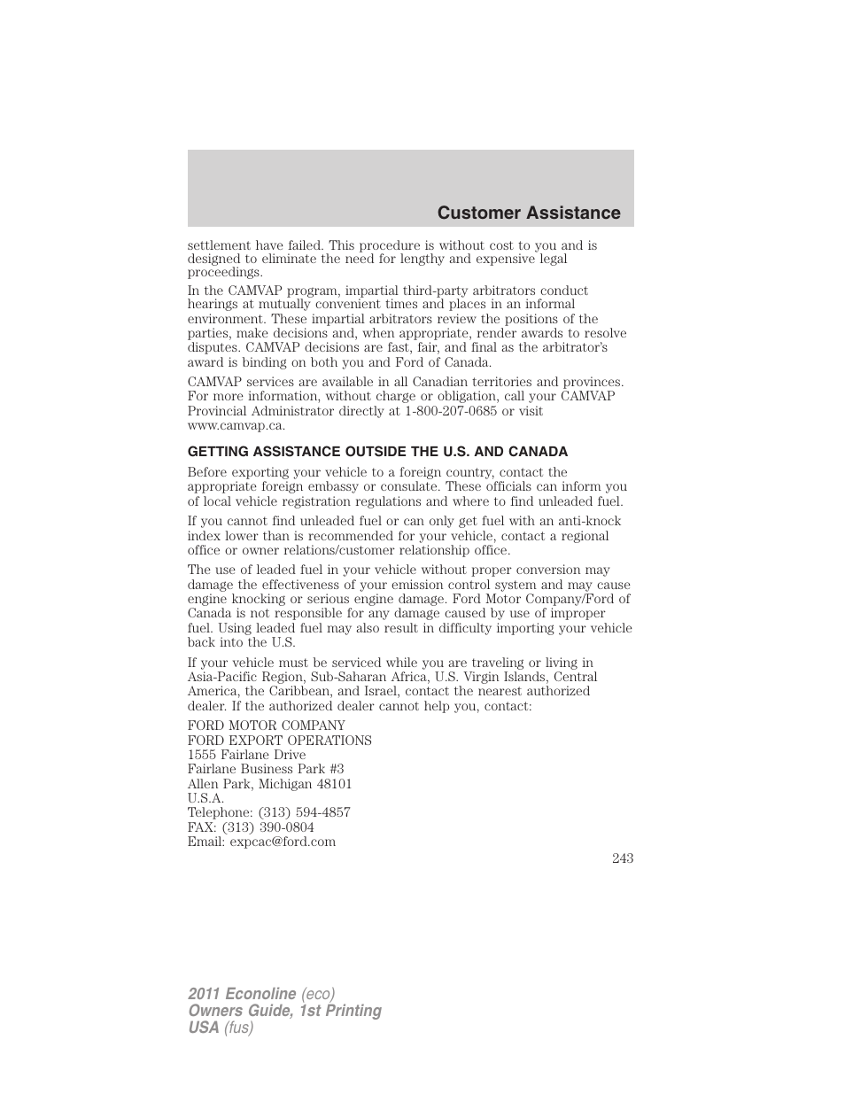 Getting assistance outside the u.s. and canada, Customer assistance | FORD 2011 E-450 v.1 User Manual | Page 243 / 337