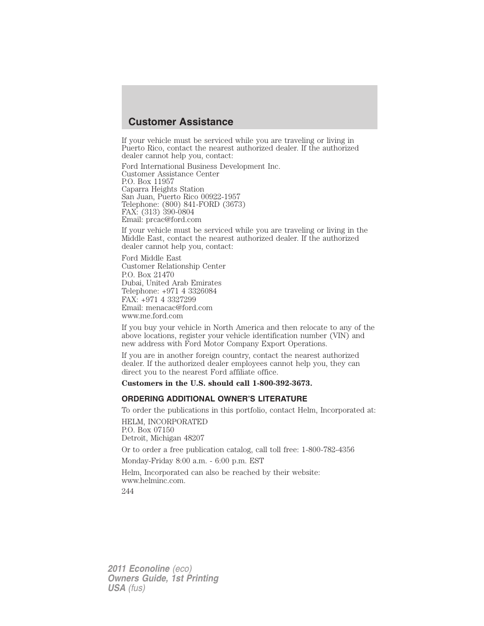 Ordering additional owner’s literature, Customer assistance | FORD 2011 E-450 v.1 User Manual | Page 244 / 337