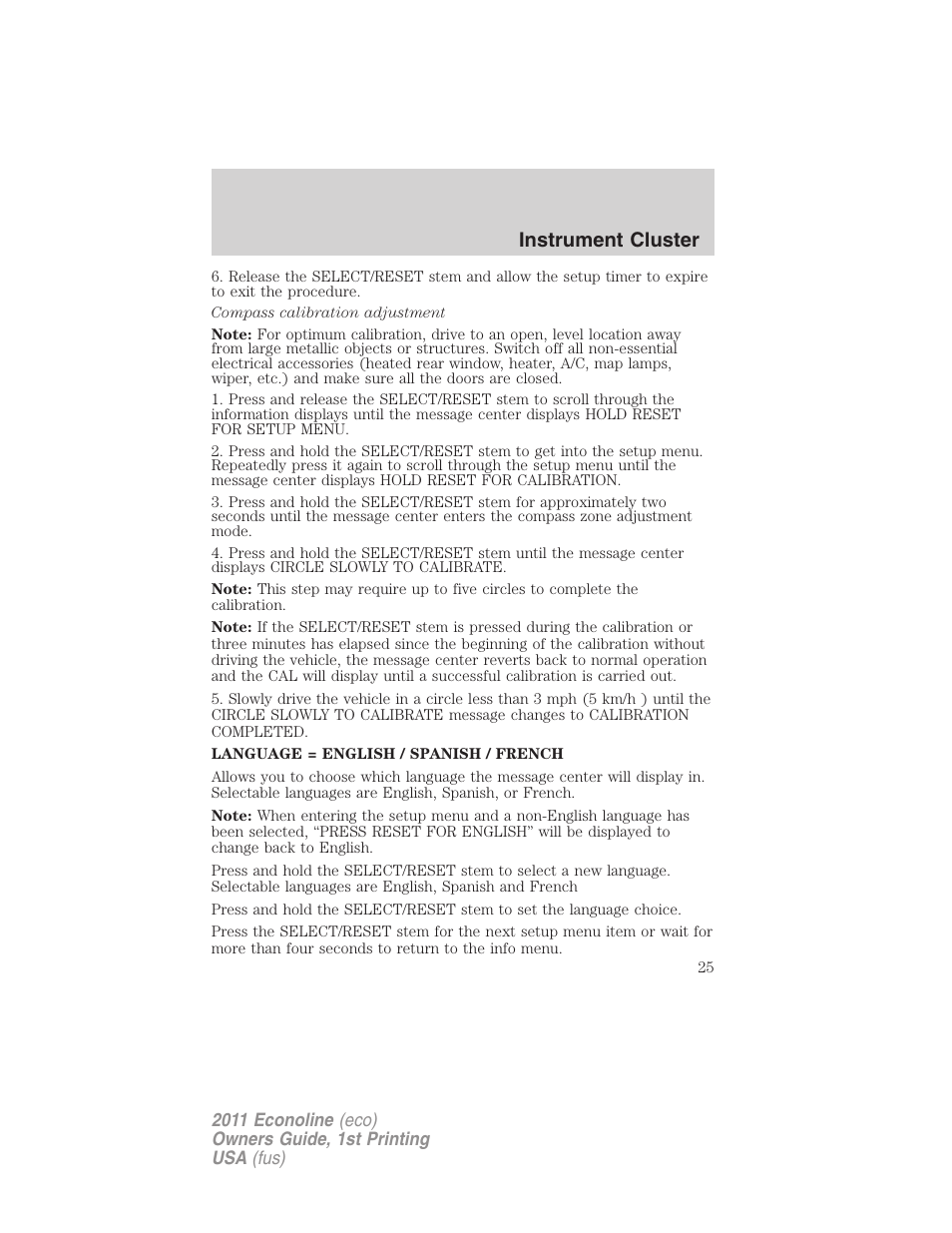 Instrument cluster | FORD 2011 E-450 v.1 User Manual | Page 25 / 337