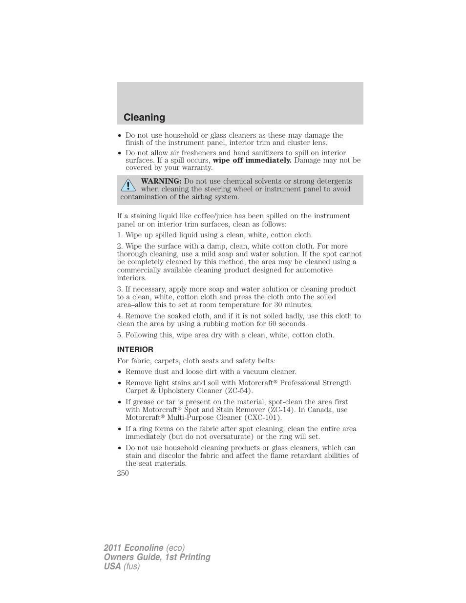 Interior, Cleaning | FORD 2011 E-450 v.1 User Manual | Page 250 / 337