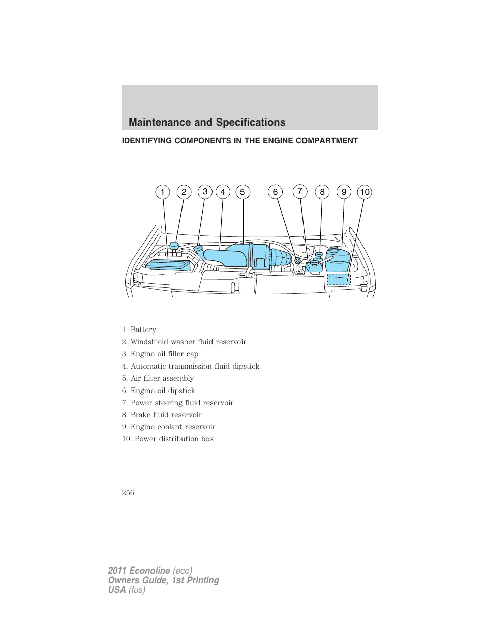 Identifying components in the engine compartment, Engine compartment, Maintenance and specifications | FORD 2011 E-450 v.1 User Manual | Page 256 / 337