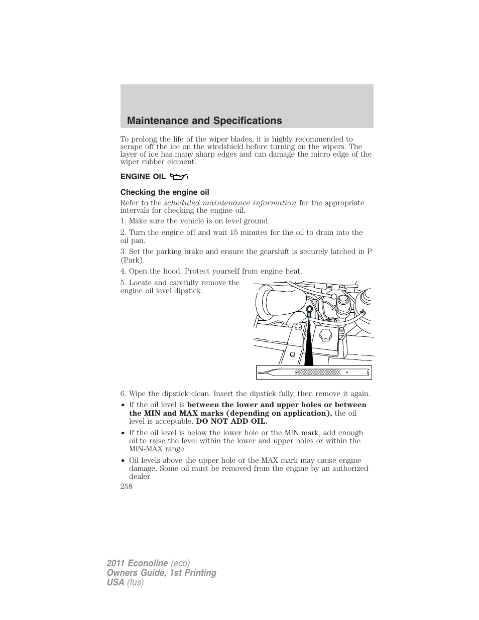 Engine oil, Checking the engine oil, Maintenance and specifications | FORD 2011 E-450 v.1 User Manual | Page 258 / 337