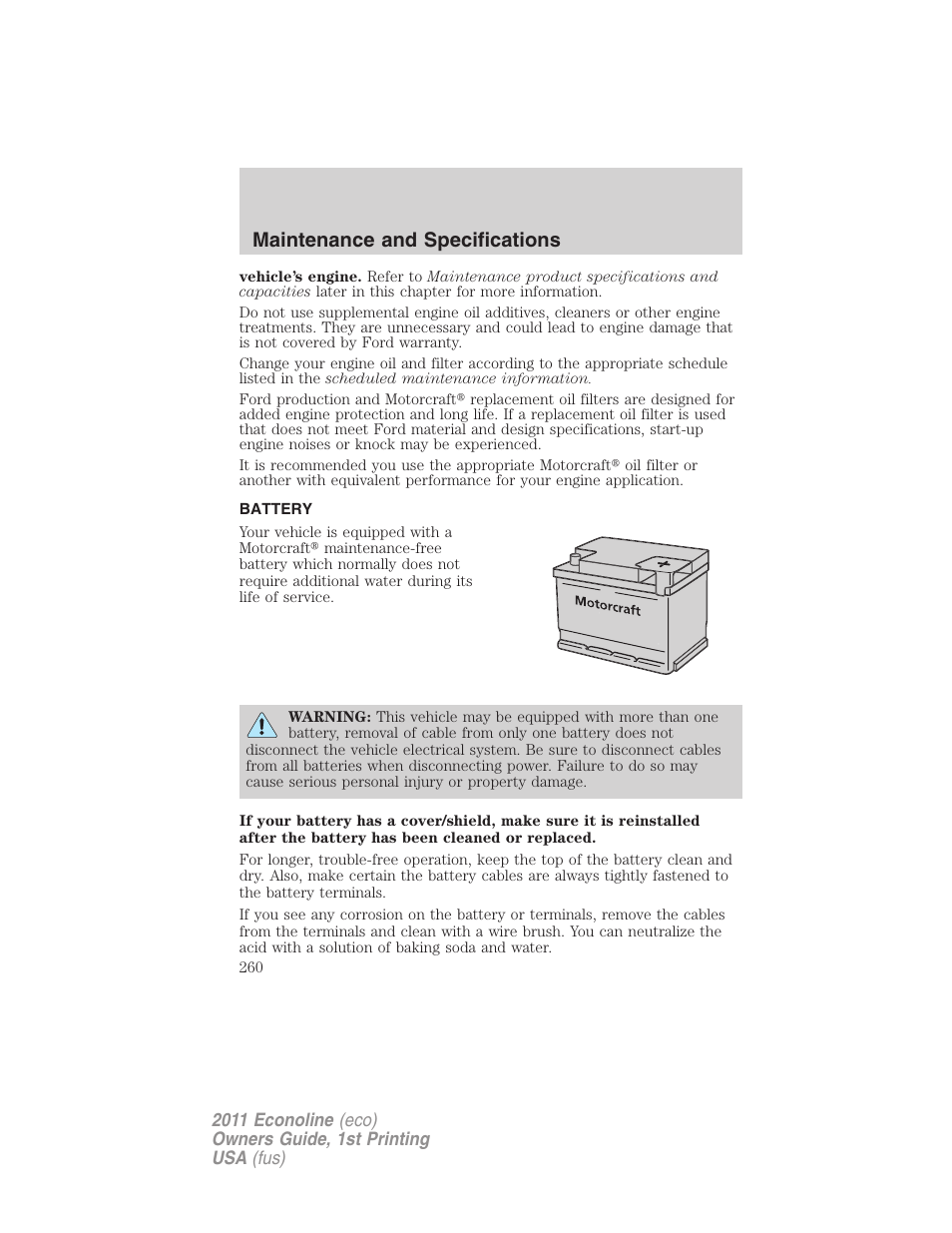 Battery, Maintenance and specifications | FORD 2011 E-450 v.1 User Manual | Page 260 / 337