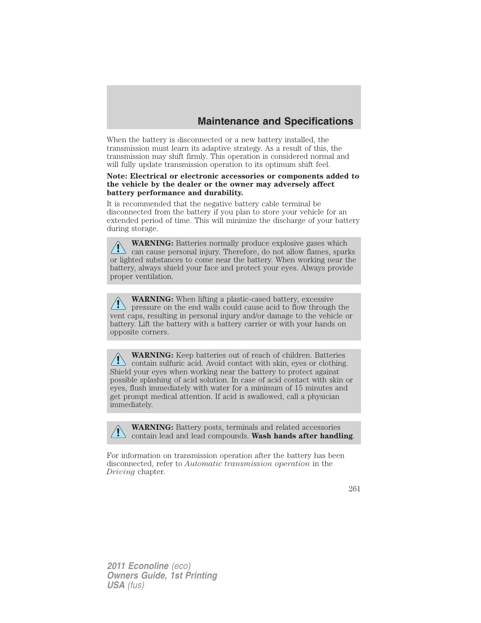 Maintenance and specifications | FORD 2011 E-450 v.1 User Manual | Page 261 / 337