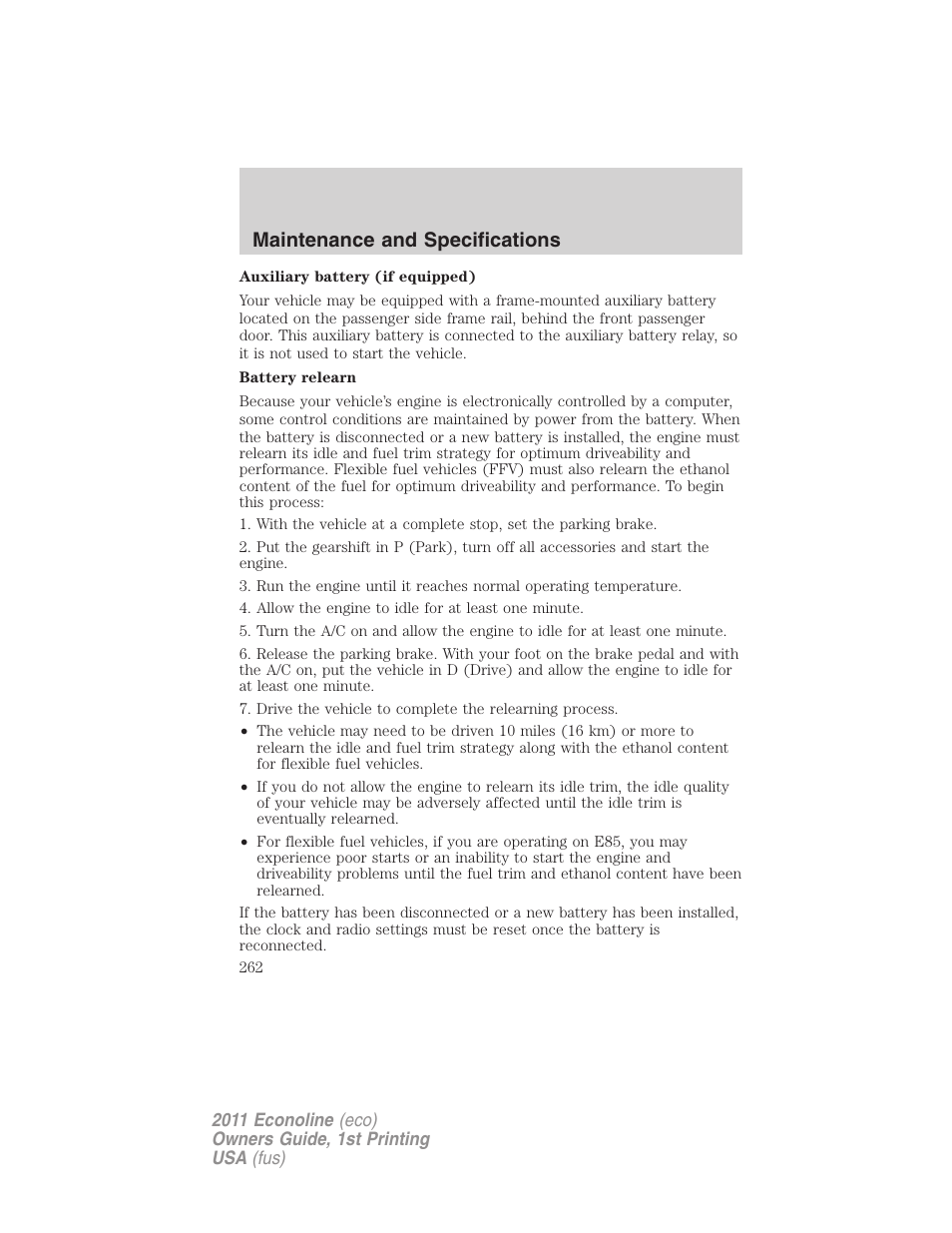 Maintenance and specifications | FORD 2011 E-450 v.1 User Manual | Page 262 / 337