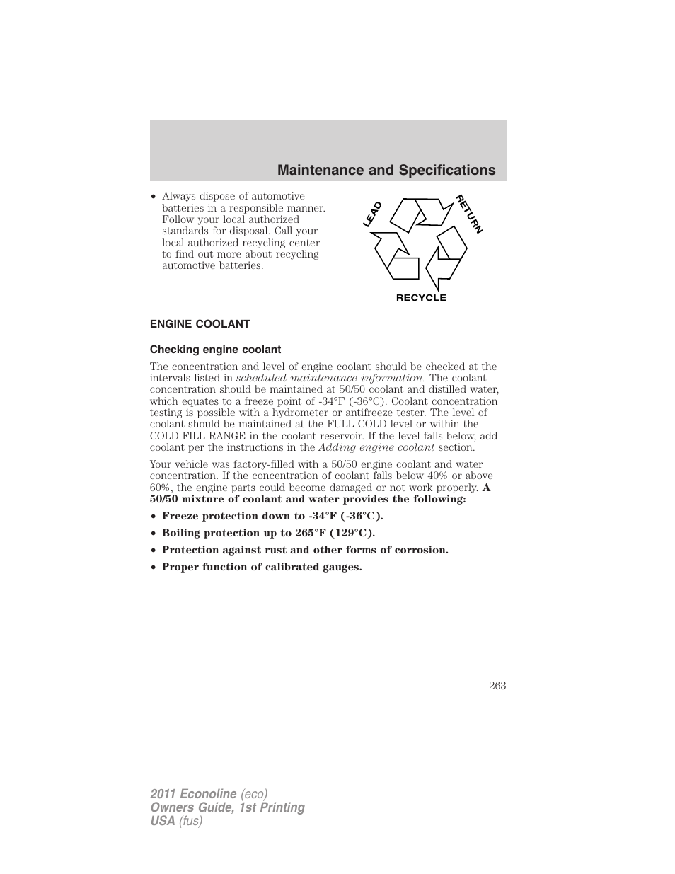 Engine coolant, Checking engine coolant, Maintenance and specifications | FORD 2011 E-450 v.1 User Manual | Page 263 / 337