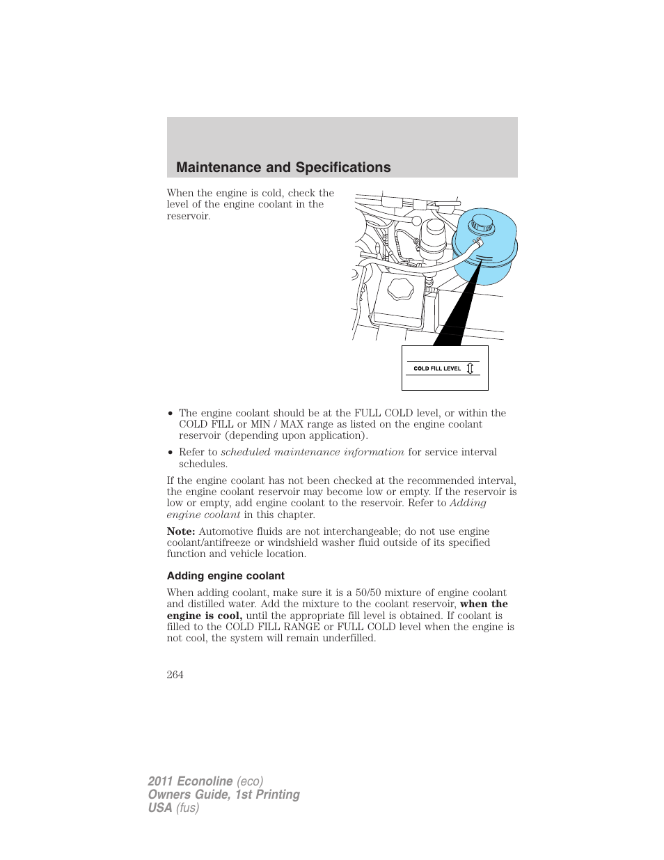 Adding engine coolant, Maintenance and specifications | FORD 2011 E-450 v.1 User Manual | Page 264 / 337