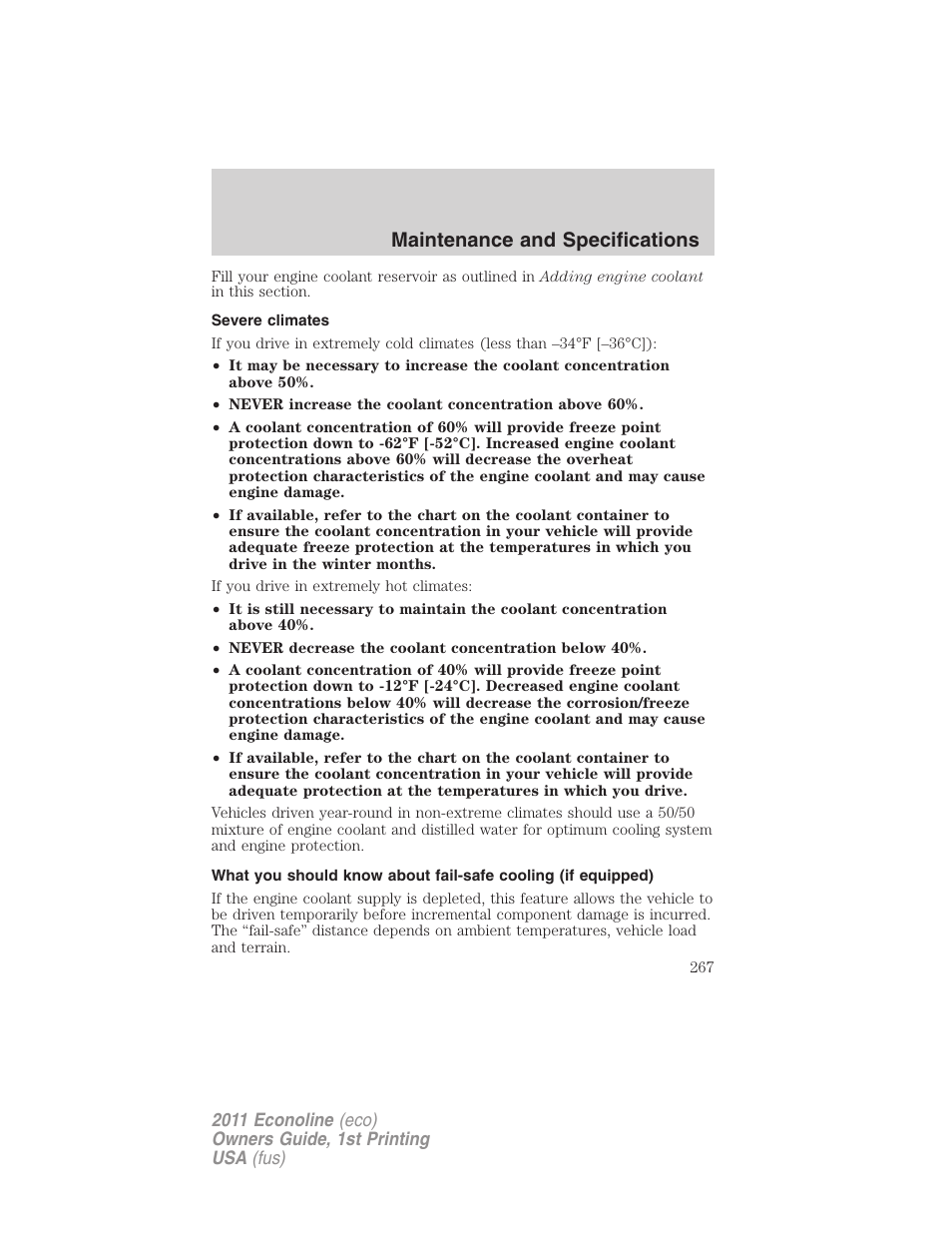 Severe climates, Maintenance and specifications | FORD 2011 E-450 v.1 User Manual | Page 267 / 337