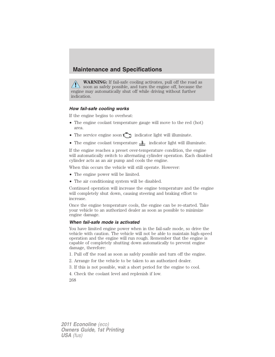 How fail-safe cooling works, When fail-safe mode is activated, Maintenance and specifications | FORD 2011 E-450 v.1 User Manual | Page 268 / 337