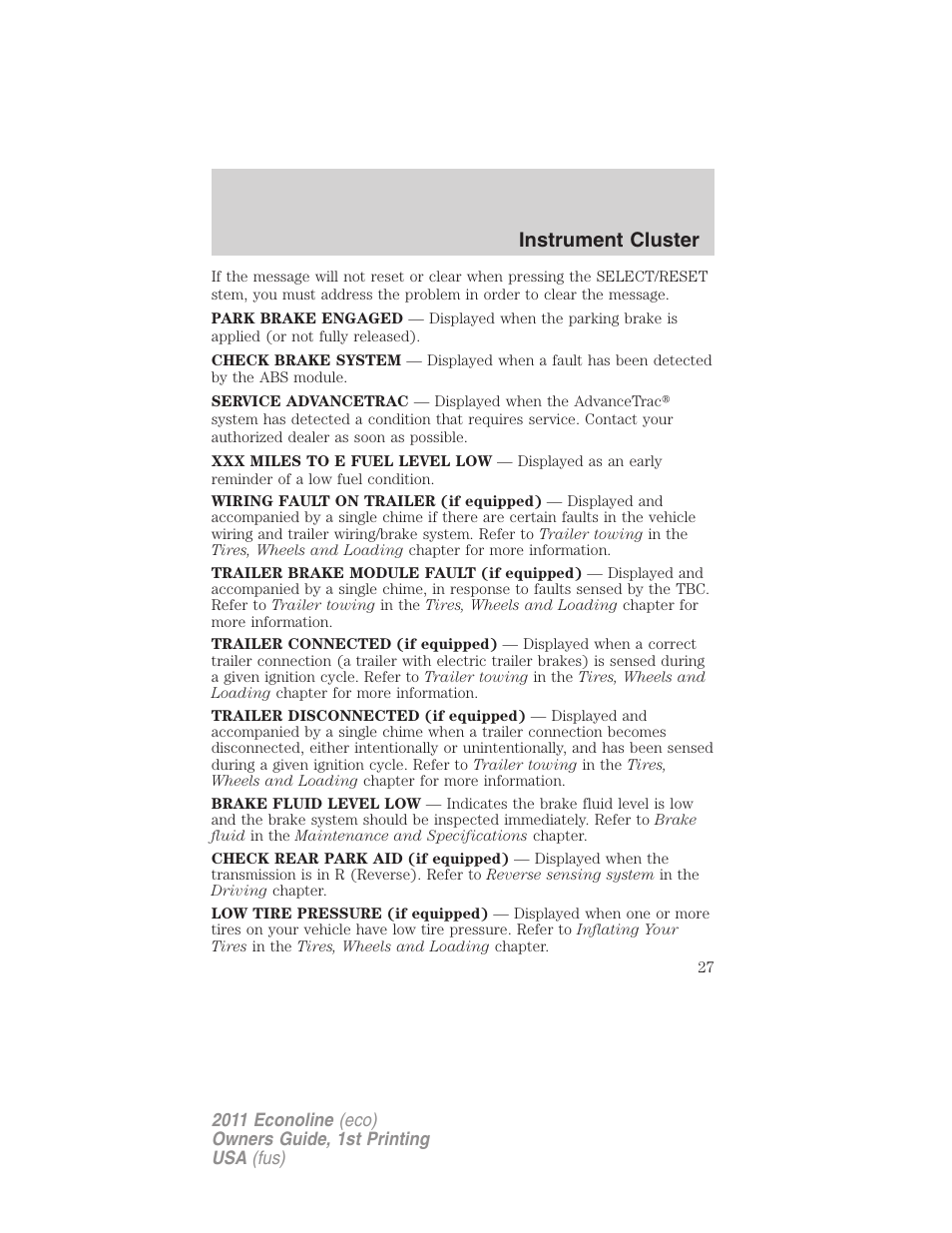 Instrument cluster | FORD 2011 E-450 v.1 User Manual | Page 27 / 337